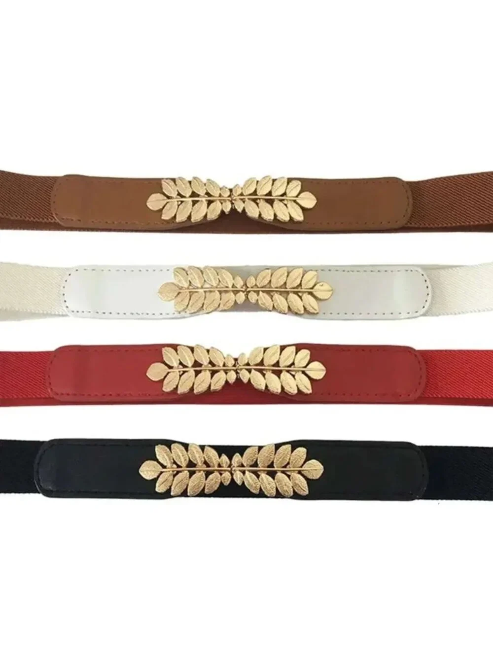 Elegant Elastic Belt With Gold Leaf Buckle Decoration Set of 4 - Black White Red